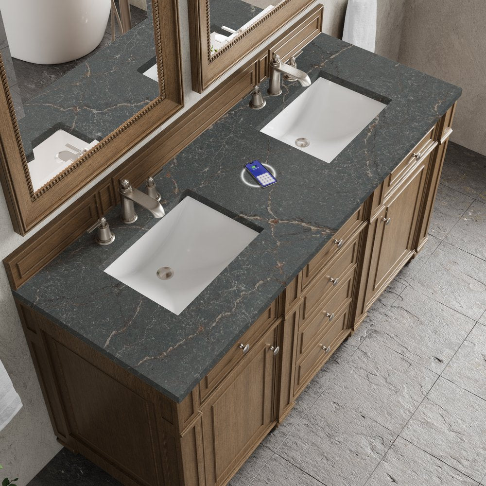 James Martin - Bristol 60" Double Vanity, Saddle Brown w/ 3 CM Parisien Bleu Silestone Top w/FreePower Wireless Charger - 157-V60D-SBR-FPBL view 7