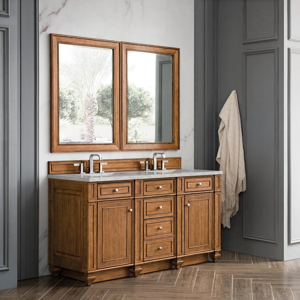 James Martin - Bristol 60" Double Vanity, Saddle Brown w/ 3 CM Victorian Silver Silestone Top w/FreePower Wireless Charger - 157-V60D-SBR-FVSL view 4