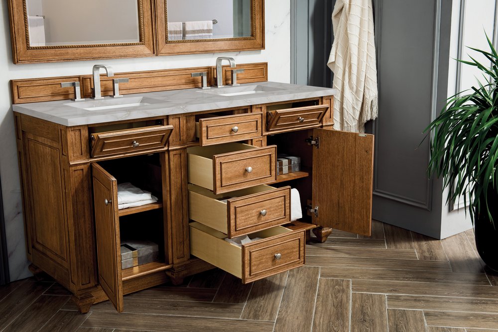 James Martin - Bristol 60" Double Vanity, Saddle Brown w/ 3 CM Victorian Silver Silestone Top w/FreePower Wireless Charger - 157-V60D-SBR-FVSL view 5