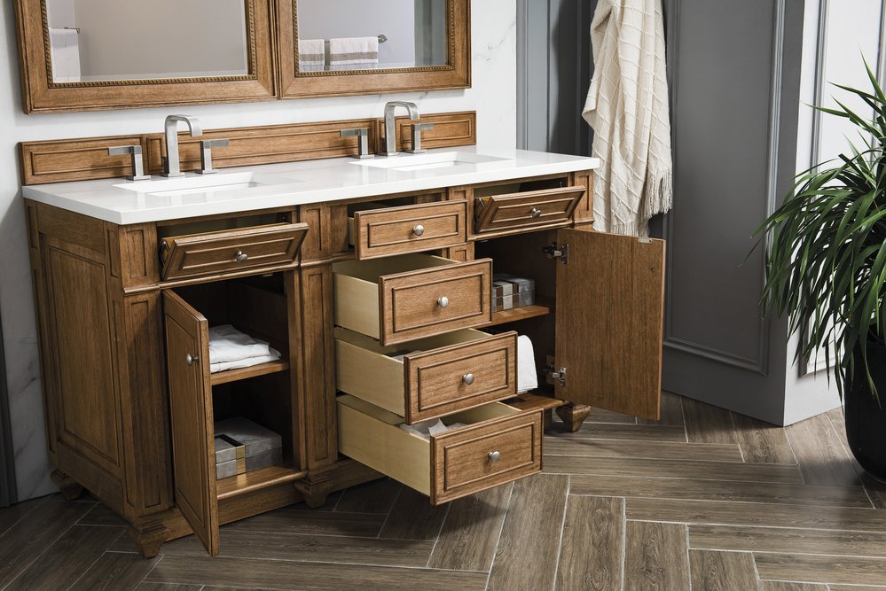 James Martin - Bristol 60" Double Vanity, Saddle Brown w/ 3 CM White Zeus Silestone Top - 157-V60D-SBR-3WZ view 4