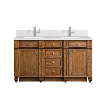 James Martin - Bristol 60" Double Vanity, Saddle Brown w/ Single Hole 3 CM White Zeus Silestone Top & Backsplash - 157-V60D-SBR-1WZ view 1