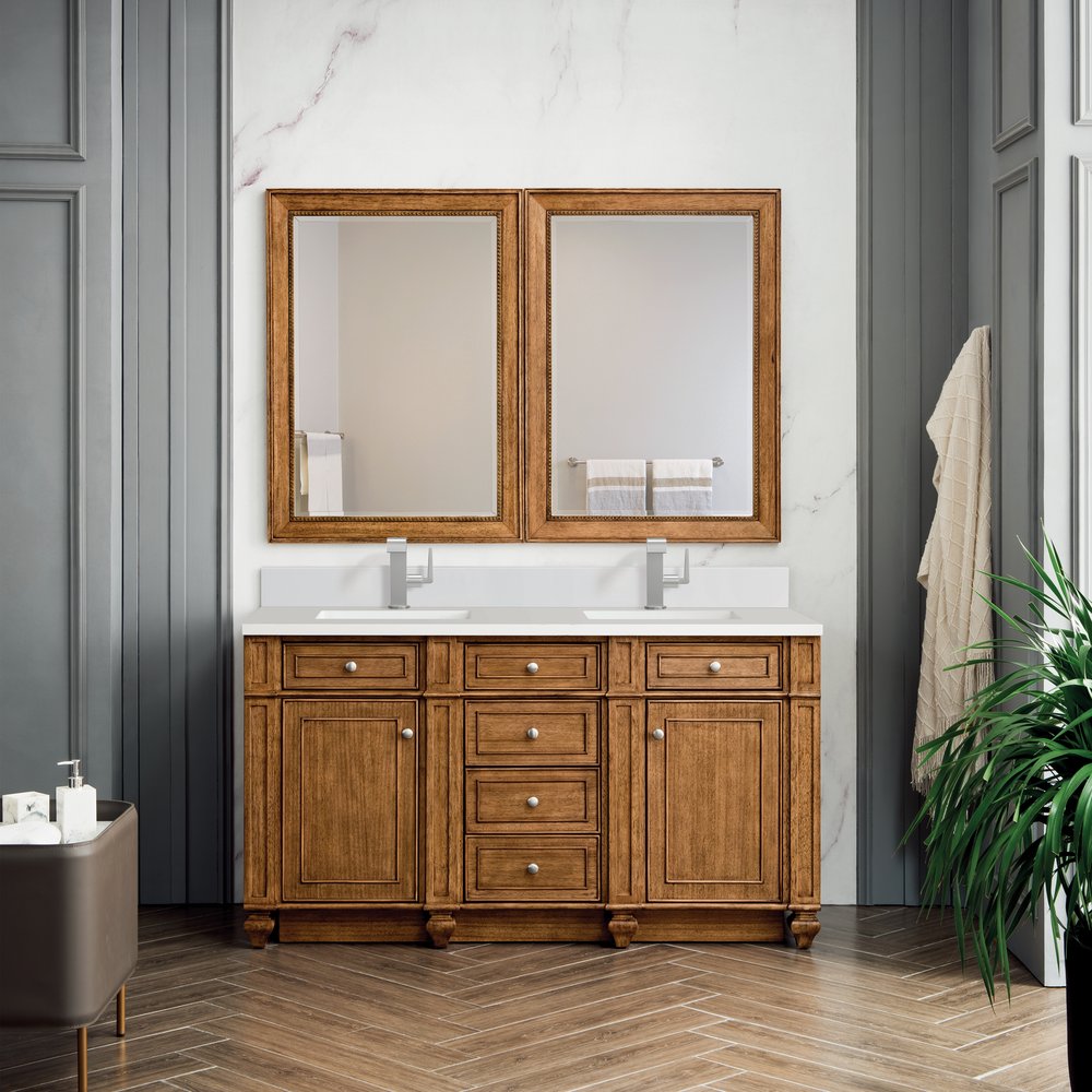 James Martin - Bristol 60" Double Vanity, Saddle Brown w/ Single Hole 3 CM White Zeus Silestone Top & Backsplash - 157-V60D-SBR-1WZ view 2
