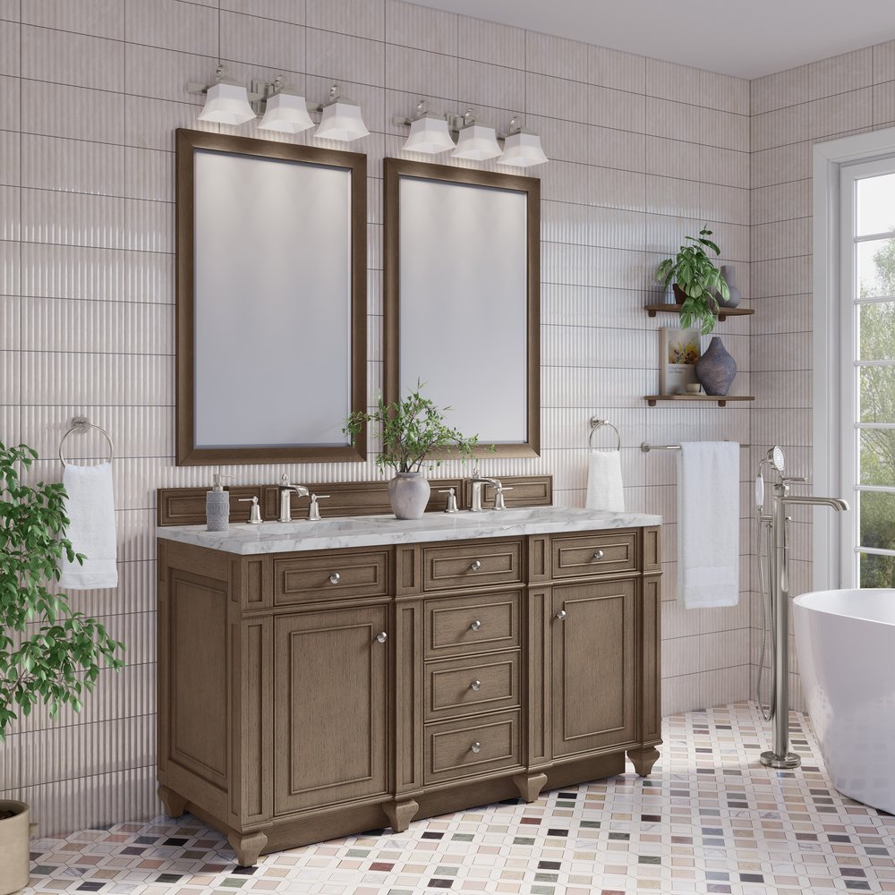 James Martin - Bristol 60" Double Vanity, Whitewashed Walnut w/ 3 CM Carrara Marble Top - 157-V60D-WW-3CAR view 3