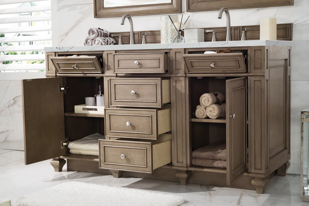 James Martin - Bristol 60" Double Vanity, Whitewashed Walnut w/ 3 CM Ethereal Noctis Silestone Top w/FreePower Wireless Charger - 157-V60D-WW-FENC view 6