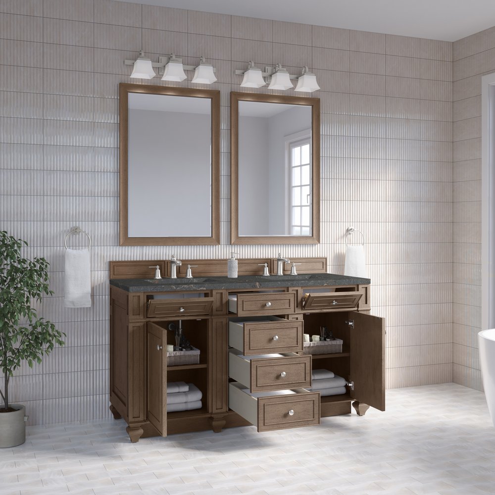 James Martin - Bristol 60" Double Vanity, Whitewashed Walnut w/ 3 CM Parisien Bleu Silestone Top - 157-V60D-WW-3PBL view 4