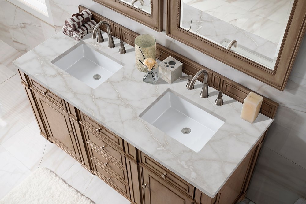 James Martin - Bristol 60" Double Vanity, Whitewashed Walnut w/ 3 CM Victorian Silver Silestone Top w/FreePower Wireless Charger - 157-V60D-WW-FVSL view 4