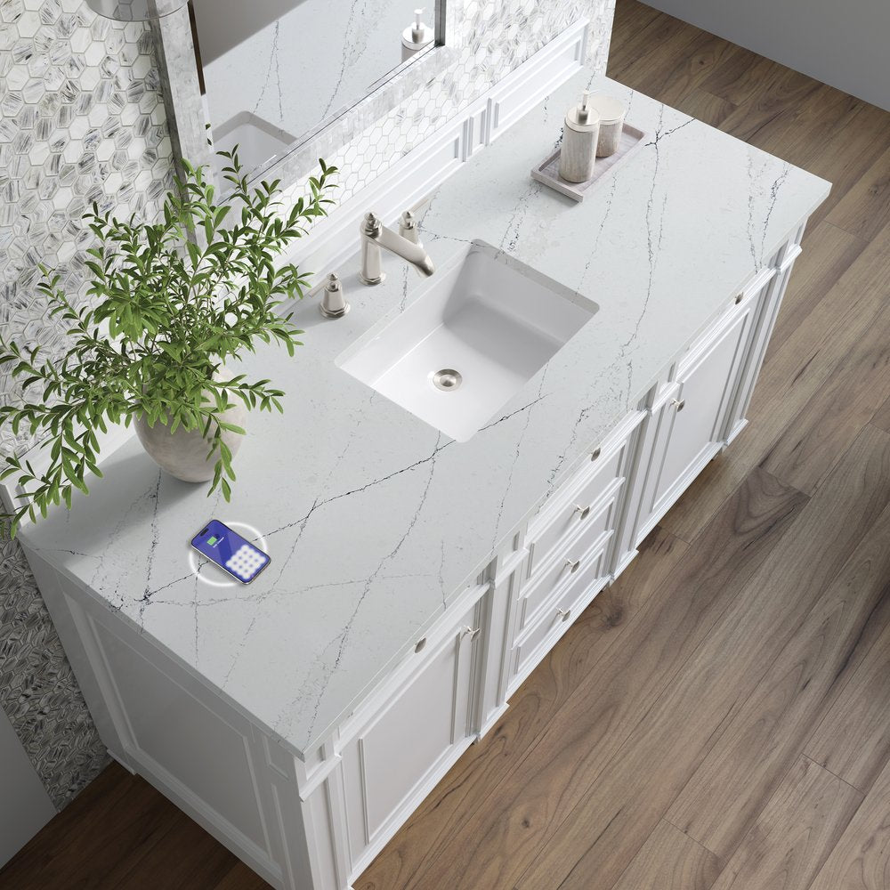 James Martin - Bristol 60" Single Vanity, Bright White w/ 3 CM Ethereal Noctis Silestone Top w/FreePower Wireless Charger - 157-V60S-BW-FENC view 6