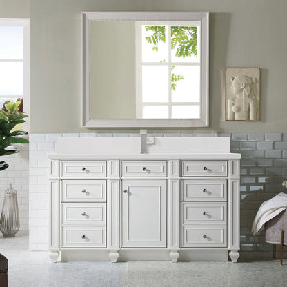 James Martin - Bristol 60" Single Vanity, Bright White w/ Single Hole 3 CM White Zeus Silestone Top & Backsplash - 157-V60S-BW-1WZ view 2