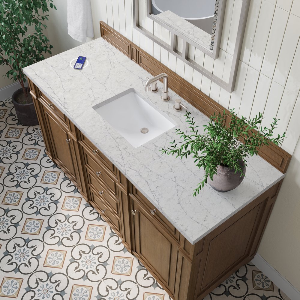 James Martin - Bristol 60" Single Vanity, Saddle Brown w/ 3 CM Eternal Jasmine Pearl Silestone Top w/FreePower Wireless Charger - 157-V60S-SBR-FEJP view 6