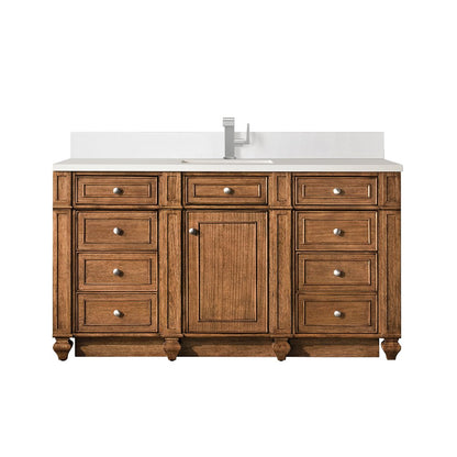 James Martin - Bristol 60" Single Vanity, Saddle Brown w/ Single Hole 3 CM White Zeus Silestone Top & Backsplash - 157-V60S-SBR-1WZ view 1