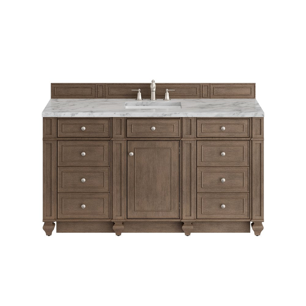 James Martin - Bristol 60" Single Vanity, Whitewashed Walnut w/ 3 CM Carrara Marble Top - 157-V60S-WW-3CAR view 1
