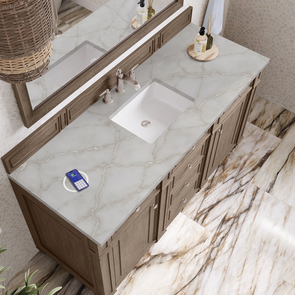 James Martin - Bristol 60" Single Vanity, Whitewashed Walnut w/ 3 CM Victorian Silver Silestone Top w/FreePower Wireless Charger - 157-V60S-WW-FVSL view 5