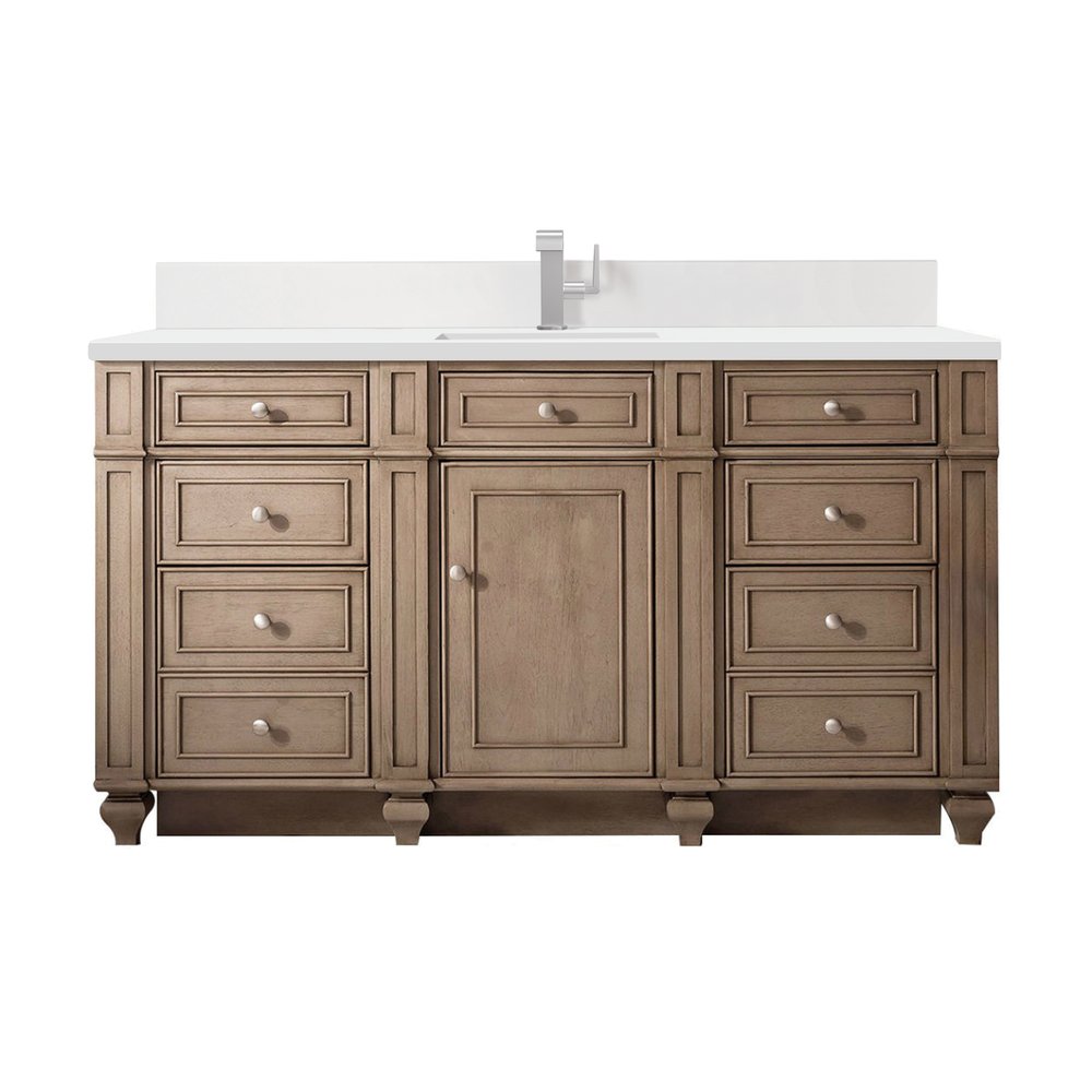 James Martin - Bristol 60" Single Vanity, Whitewashed Walnut w/ Single Hole 3 CM White Zeus Silestone Top & Backsplash - 157-V60S-WW-1WZ view 1