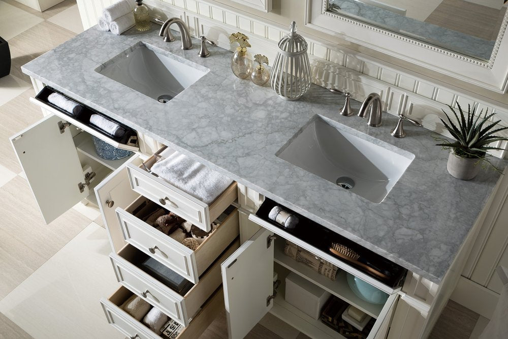 James Martin - Bristol 72" Double Vanity, Bright White w/ 3 CM Carrara Marble Top - 157-V72-BW-3CAR view 6
