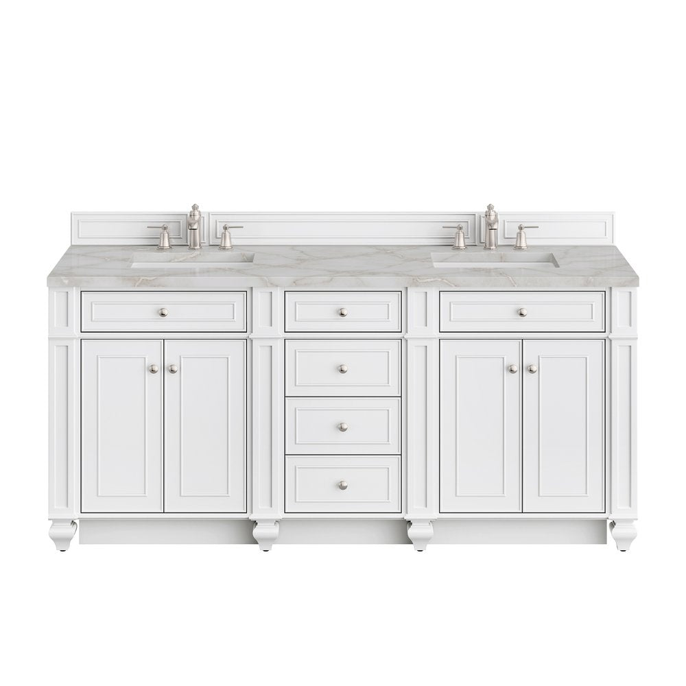 James Martin - Bristol 72" Double Vanity, Bright White w/ 3 CM Victorian Silver Silestone Top - 157-V72-BW-3VSL view 1
