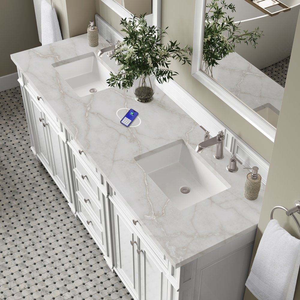 James Martin - Bristol 72" Double Vanity, Bright White w/ 3 CM Victorian Silver Silestone Top w/FreePower Wireless Charger - 157-V72-BW-FVSL view 7