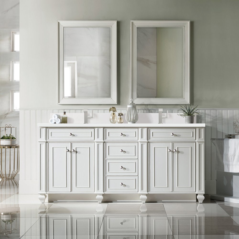James Martin - Bristol 72" Double Vanity, Bright White w/ Single Hole 3 CM White Zeus Silestone Top & Backsplash - 157-V72-BW-1WZ view 2