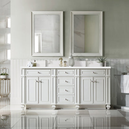 James Martin - Bristol 72" Double Vanity, Bright White w/ Single Hole 3 CM White Zeus Silestone Top & Backsplash - 157-V72-BW-1WZ view 2