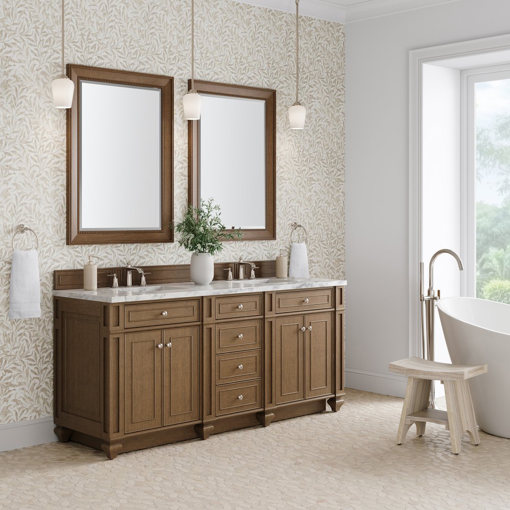 James Martin - Bristol 72" Double Vanity, Saddle Brown w/ 3 CM Carrara Marble Top - 157-V72-SBR-3CAR view 3