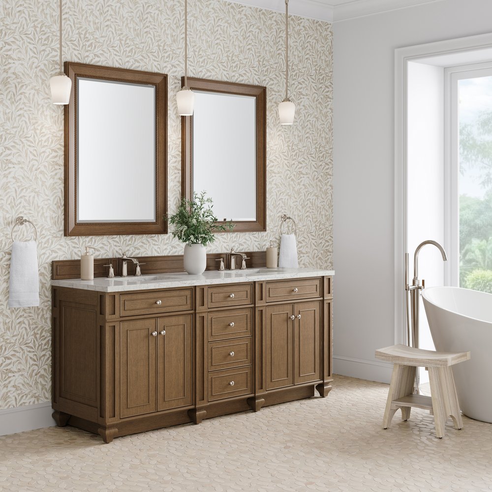 James Martin - Bristol 72" Double Vanity, Saddle Brown w/ 3 CM Eternal Jasmine Pearl Silestone Top - 157-V72-SBR-3EJP view 3