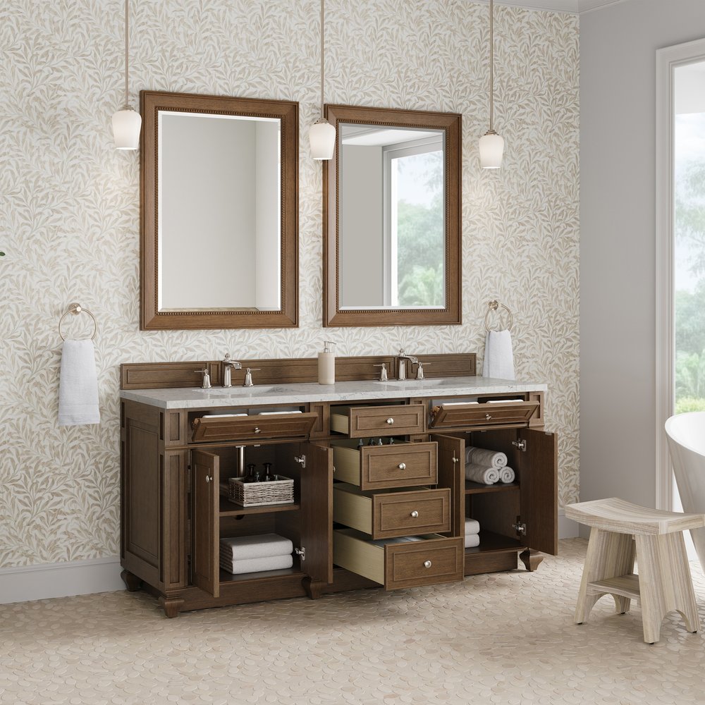 James Martin - Bristol 72" Double Vanity, Saddle Brown w/ 3 CM Eternal Jasmine Pearl Silestone Top - 157-V72-SBR-3EJP view 4