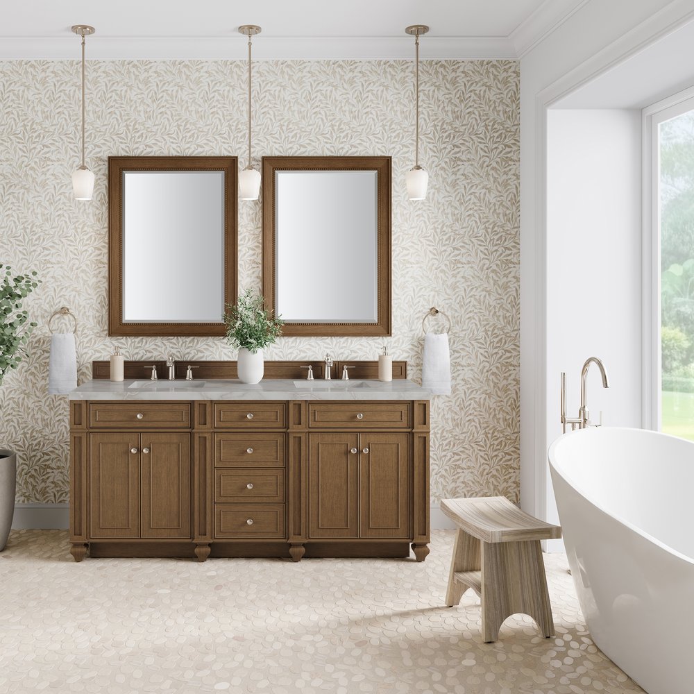 James Martin - Bristol 72" Double Vanity, Saddle Brown w/ 3 CM Victorian Silver Silestone Top - 157-V72-SBR-3VSL view 2