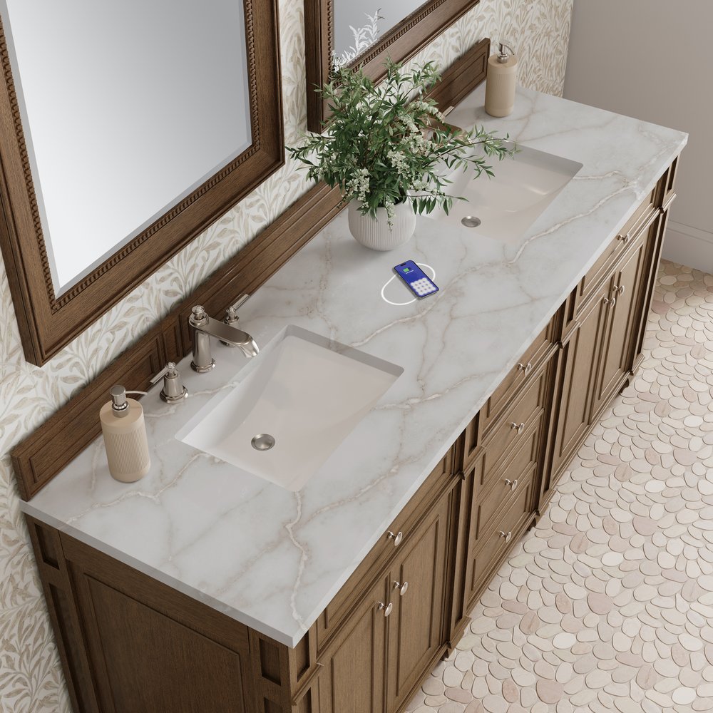 James Martin - Bristol 72" Double Vanity, Saddle Brown w/ 3 CM Victorian Silver Silestone Top w/FreePower Wireless Charger - 157-V72-SBR-FVSL view 7