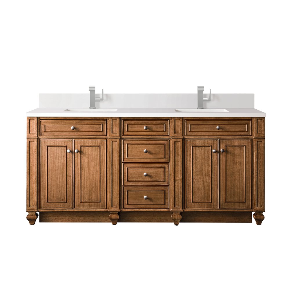 James Martin - Bristol 72" Double Vanity, Saddle Brown w/ Single Hole 3 CM White Zeus Silestone Top & Backsplash - 157-V72-SBR-1WZ view 1