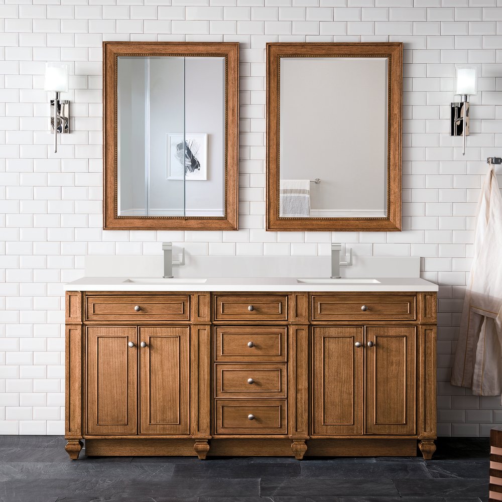 James Martin - Bristol 72" Double Vanity, Saddle Brown w/ Single Hole 3 CM White Zeus Silestone Top & Backsplash - 157-V72-SBR-1WZ view 2