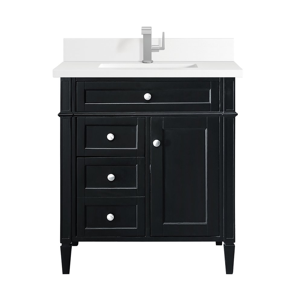 James Martin - Brittany 30" Single Vanity, Black Onyx, w/ Single Hole 3 CM White Zeus Silestone Top & Backsplash - 650-V30-BKO-1WZ view 1