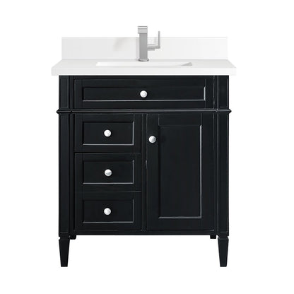 James Martin - Brittany 30" Single Vanity, Black Onyx, w/ Single Hole 3 CM White Zeus Silestone Top & Backsplash - 650-V30-BKO-1WZ view 1