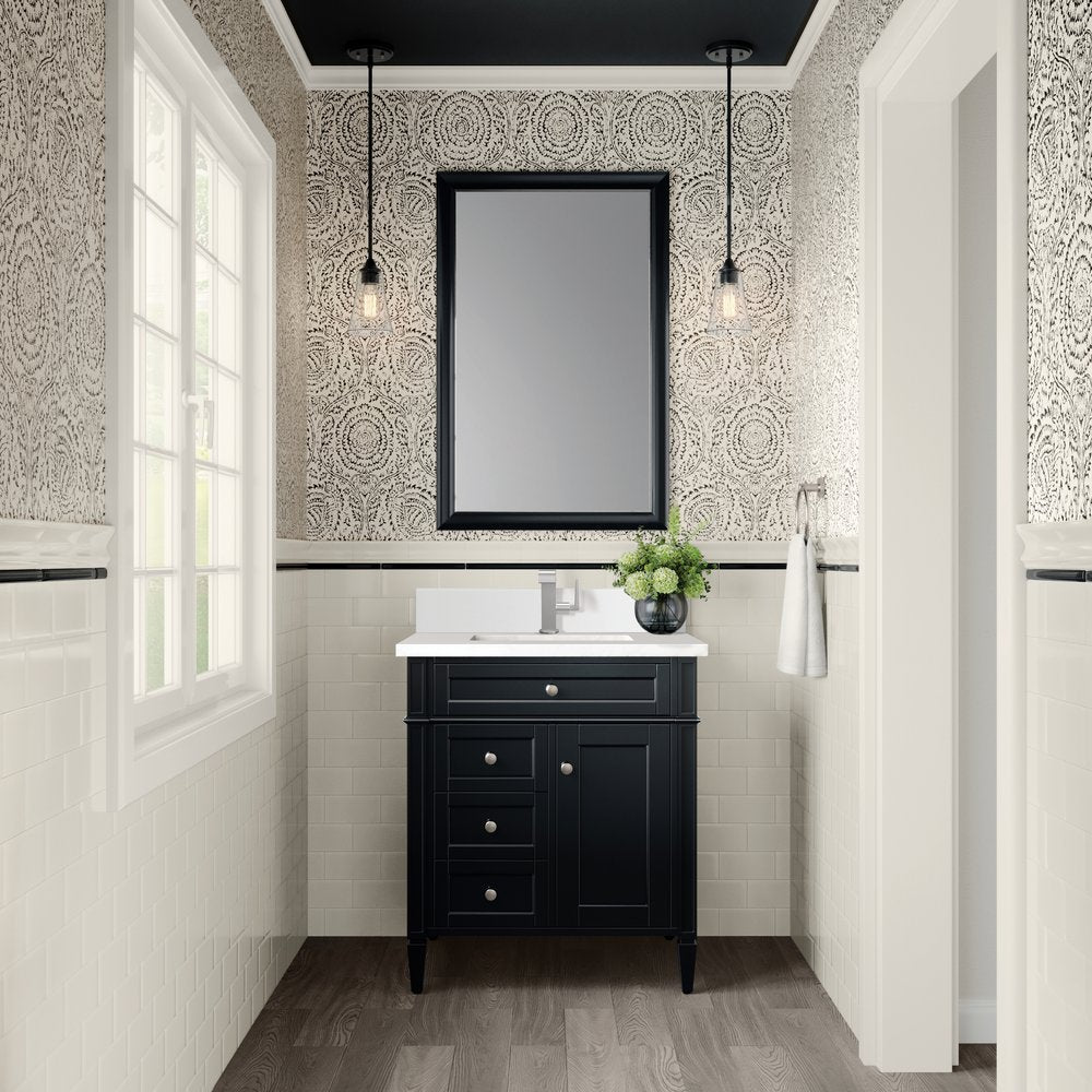 James Martin - Brittany 30" Single Vanity, Black Onyx, w/ Single Hole 3 CM White Zeus Silestone Top & Backsplash - 650-V30-BKO-1WZ view 2