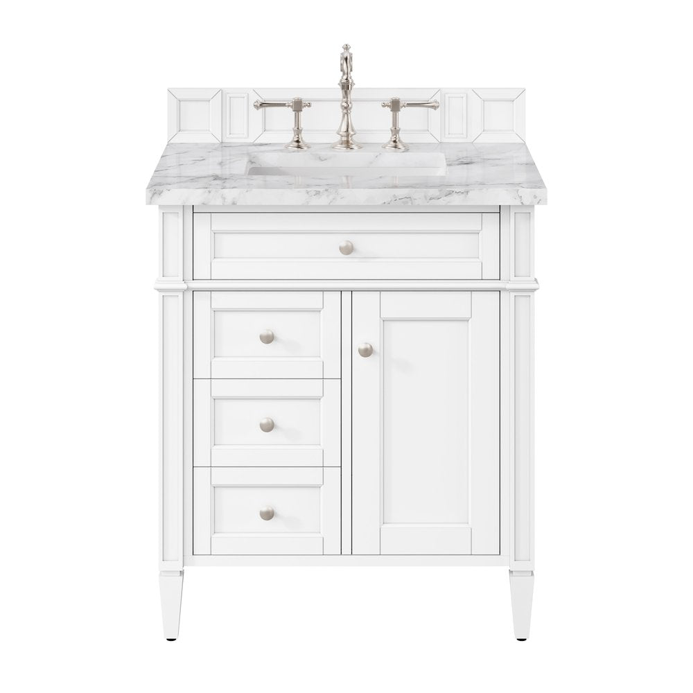 James Martin - Brittany 30" Single Vanity, Bright White w/ 3 CM Carrara Marble Top - 655-V30-BW-3CAR view 1