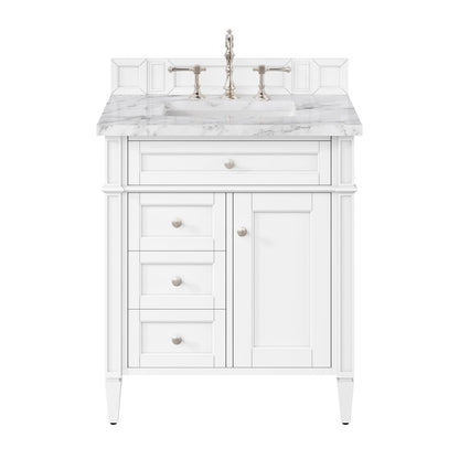 James Martin - Brittany 30" Single Vanity, Bright White w/ 3 CM Carrara Marble Top - 655-V30-BW-3CAR view 1