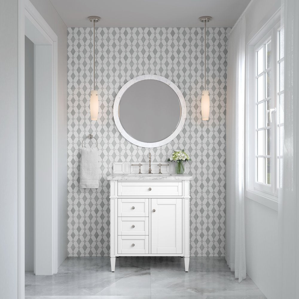 James Martin - Brittany 30" Single Vanity, Bright White w/ 3 CM Carrara Marble Top - 655-V30-BW-3CAR view 3