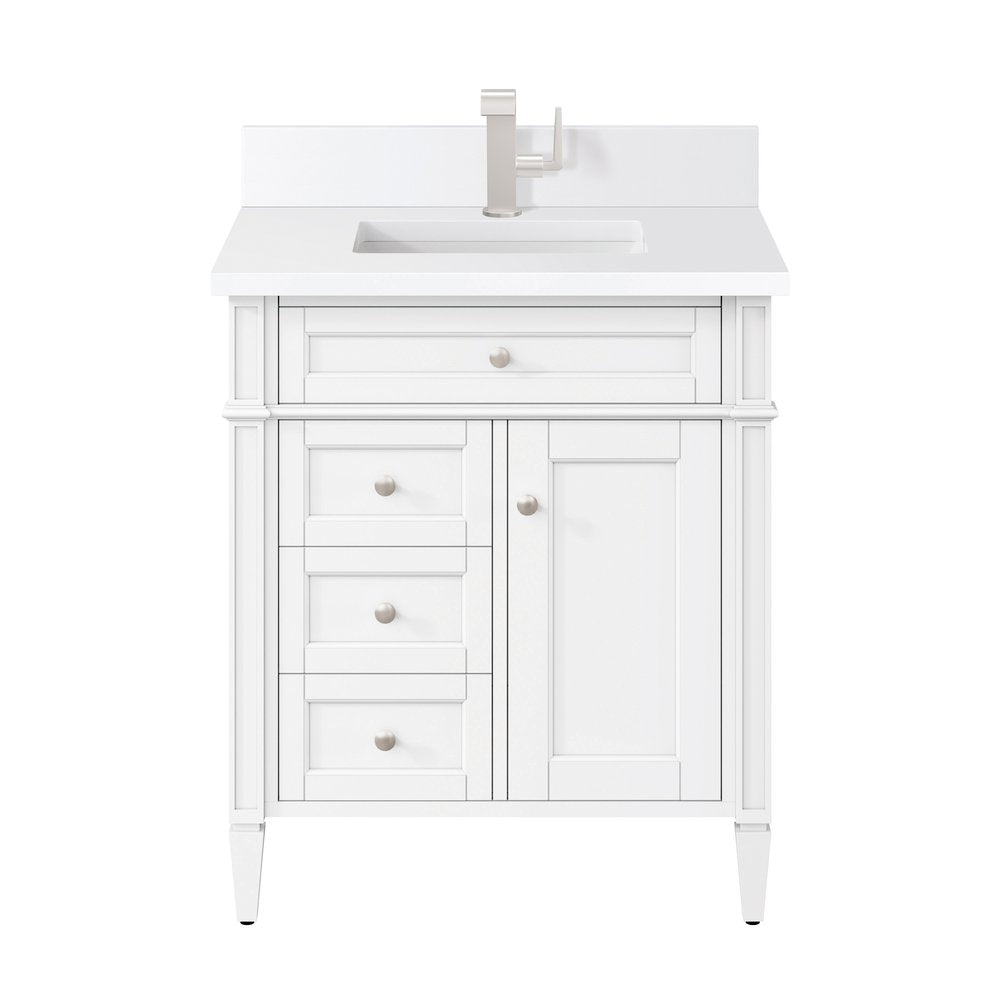 James Martin - Brittany 30" Single Vanity, Bright White, w/ Single Hole 3 CM White Zeus Silestone Top & Backsplash - 655-V30-BW-1WZ view 1