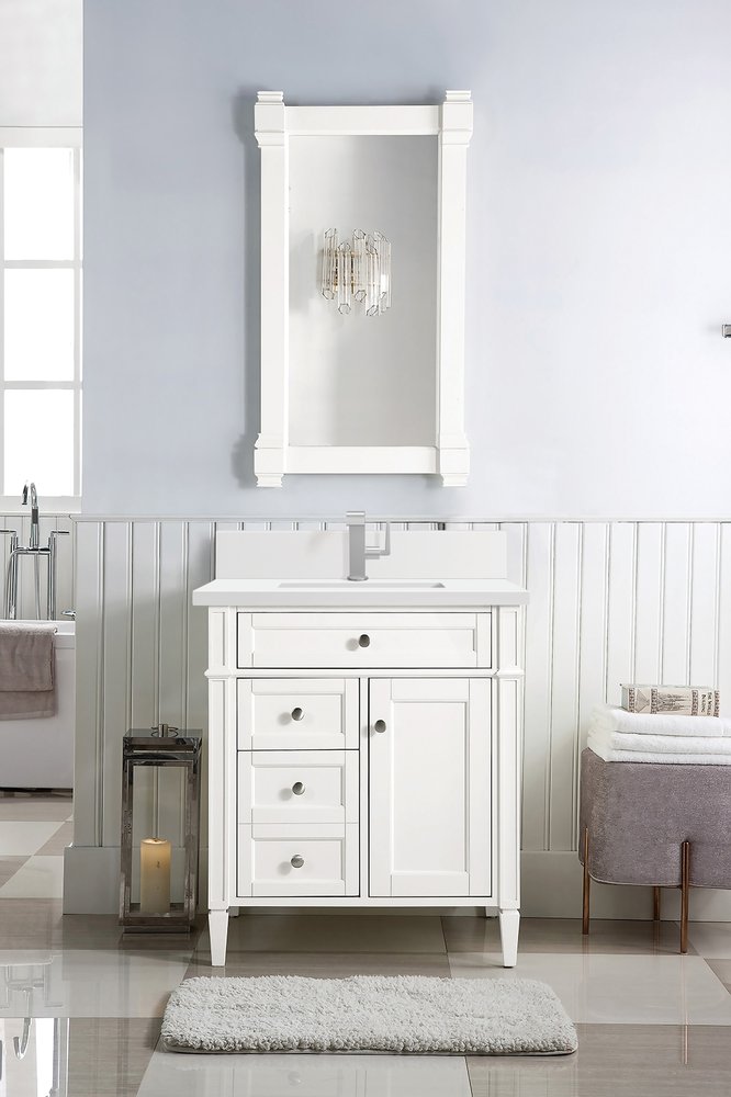 James Martin - Brittany 30" Single Vanity, Bright White, w/ Single Hole 3 CM White Zeus Silestone Top & Backsplash - 655-V30-BW-1WZ view 3