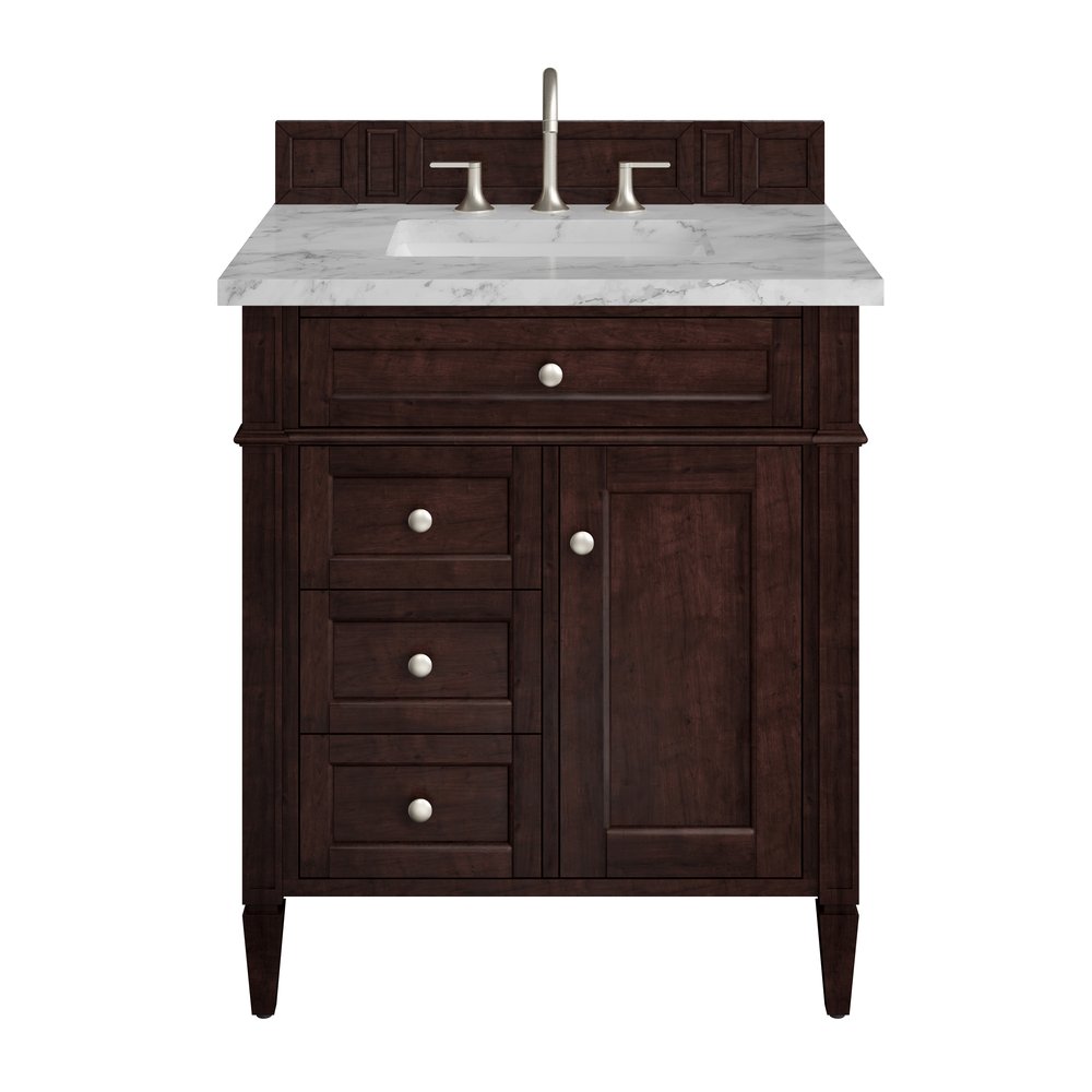 James Martin - Brittany 30" Single Vanity, Burnished Mahogany w/ 3 CM Carrara Marble Top - 650-V30-BNM-3CAR view 1