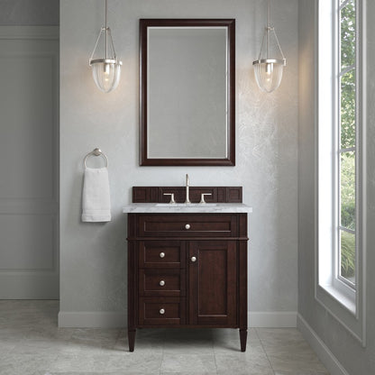 James Martin - Brittany 30" Single Vanity, Burnished Mahogany w/ 3 CM Carrara Marble Top - 650-V30-BNM-3CAR view 2