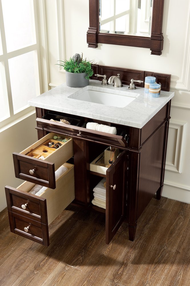 James Martin - Brittany 30" Single Vanity, Burnished Mahogany w/ 3 CM Carrara Marble Top - 650-V30-BNM-3CAR view 4