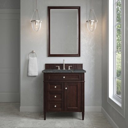 James Martin - Brittany 30" Single Vanity, Burnished Mahogany, w/ 3 CM Parisien Bleu Silestone Top - 650-V30-BNM-3PBL view 2