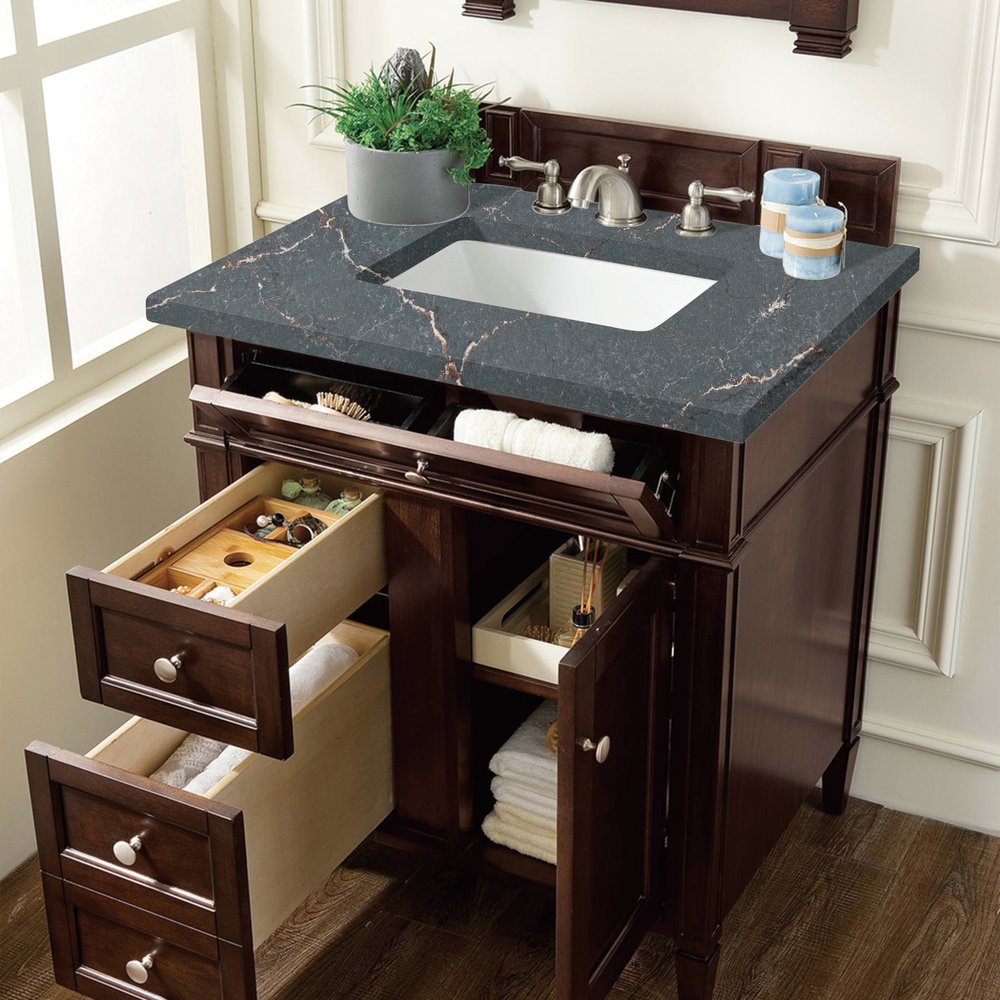 James Martin - Brittany 30" Single Vanity, Burnished Mahogany, w/ 3 CM Parisien Bleu Silestone Top - 650-V30-BNM-3PBL view 4