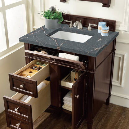 James Martin - Brittany 30" Single Vanity, Burnished Mahogany, w/ 3 CM Parisien Bleu Silestone Top - 650-V30-BNM-3PBL view 4