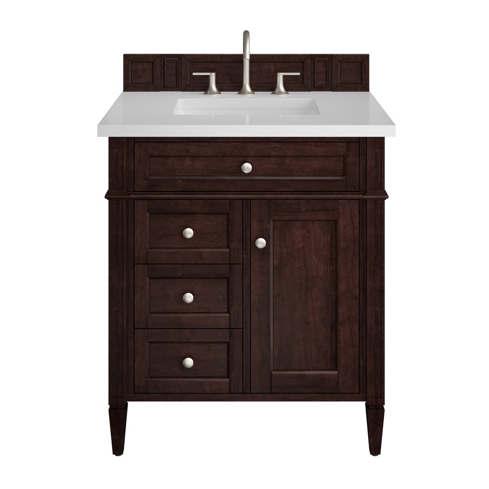 James Martin - Brittany 30" Single Vanity, Burnished Mahogany, w/ 3 CM White Zeus Silestone Top - 650-V30-BNM-3WZ view 1