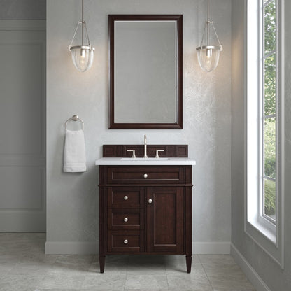 James Martin - Brittany 30" Single Vanity, Burnished Mahogany, w/ 3 CM White Zeus Silestone Top - 650-V30-BNM-3WZ view 2