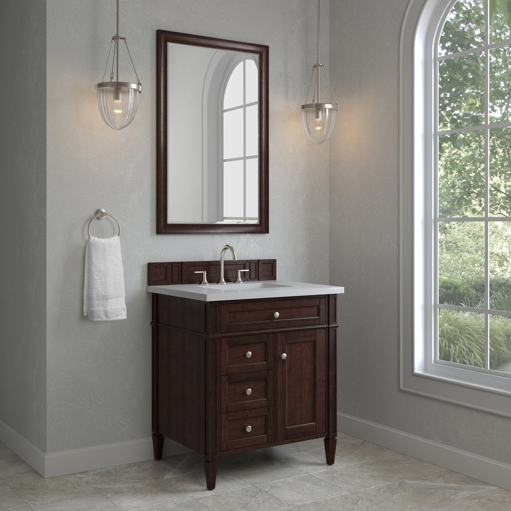 James Martin - Brittany 30" Single Vanity, Burnished Mahogany, w/ 3 CM White Zeus Silestone Top - 650-V30-BNM-3WZ view 3