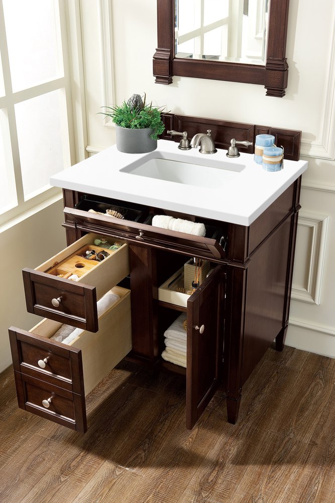 James Martin - Brittany 30" Single Vanity, Burnished Mahogany, w/ 3 CM White Zeus Silestone Top - 650-V30-BNM-3WZ view 4