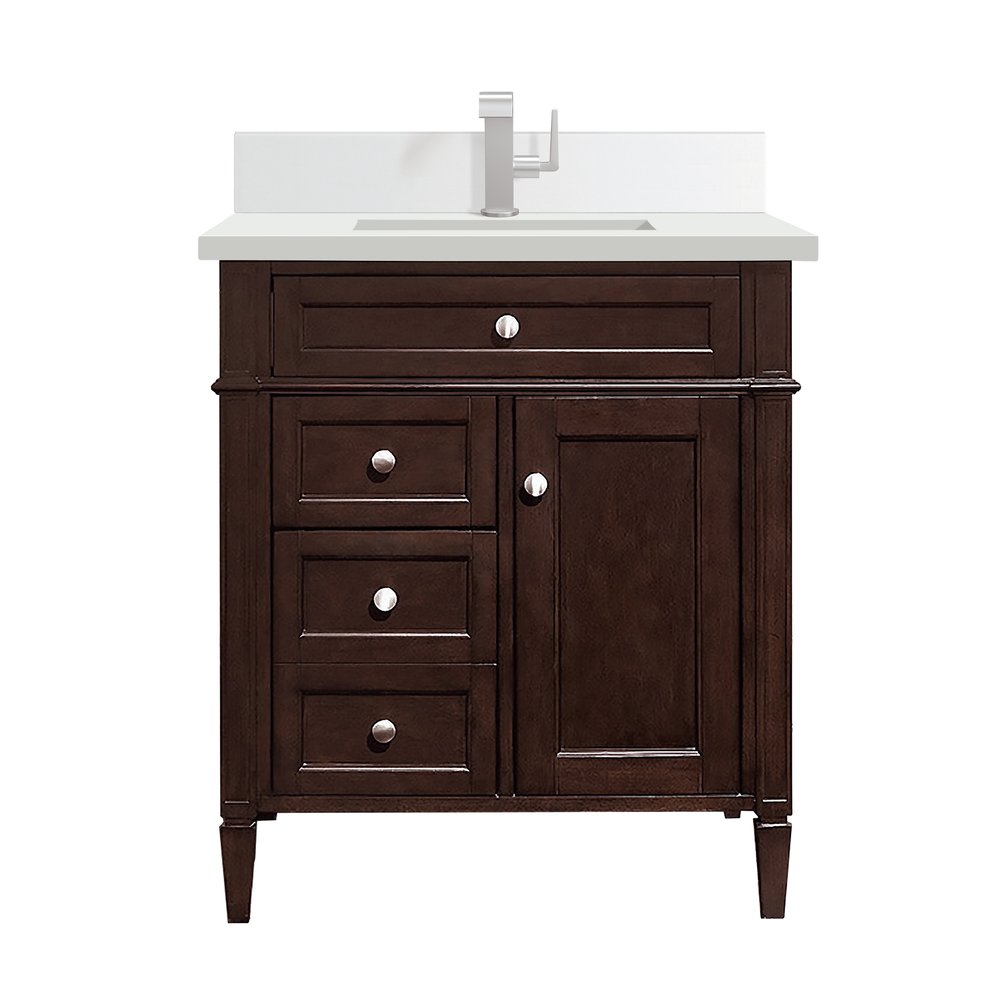 James Martin - Brittany 30" Single Vanity, Burnished Mahogany, w/ Single Hole 3 CM White Zeus Silestone Top & Backsplash - 650-V30-BNM-1WZ view 1