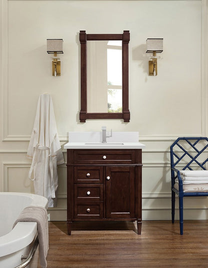 James Martin - Brittany 30" Single Vanity, Burnished Mahogany, w/ Single Hole 3 CM White Zeus Silestone Top & Backsplash - 650-V30-BNM-1WZ view 2