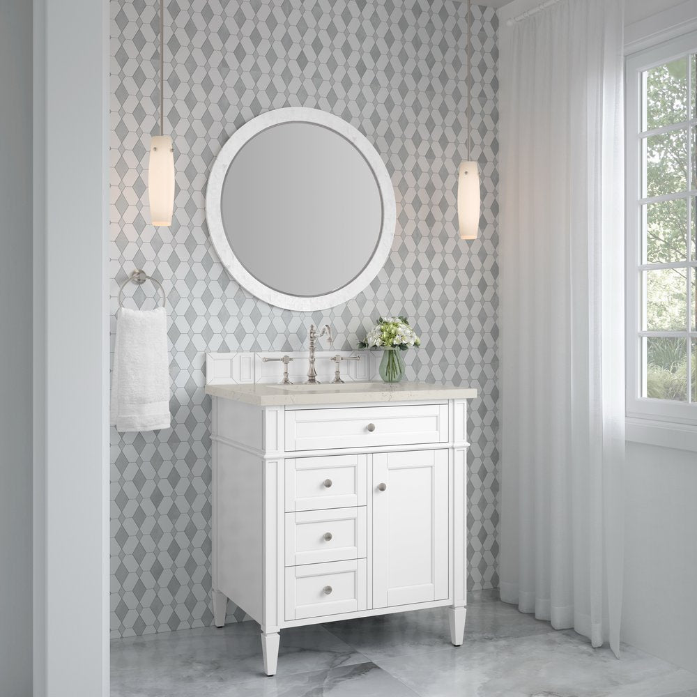 James Martin - Brittany 30" Single Vanity in Bright White, w/ 3 CM Siberian Silestone Top - 655-V30-BW-3SFR view 4